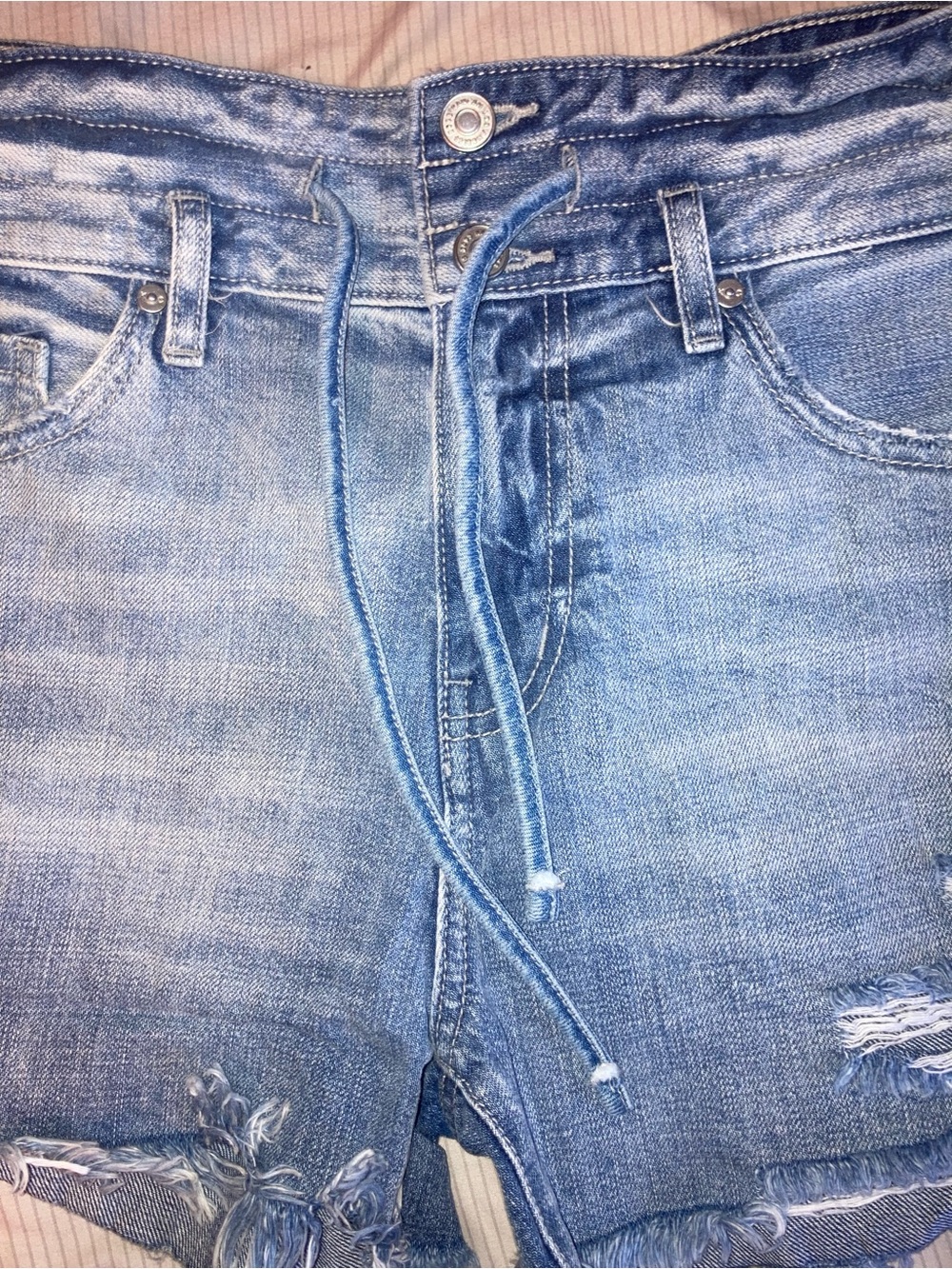 KanCan Light Blue Distressed Denim Shorts with Frayed Hem - Picture 4 of 7